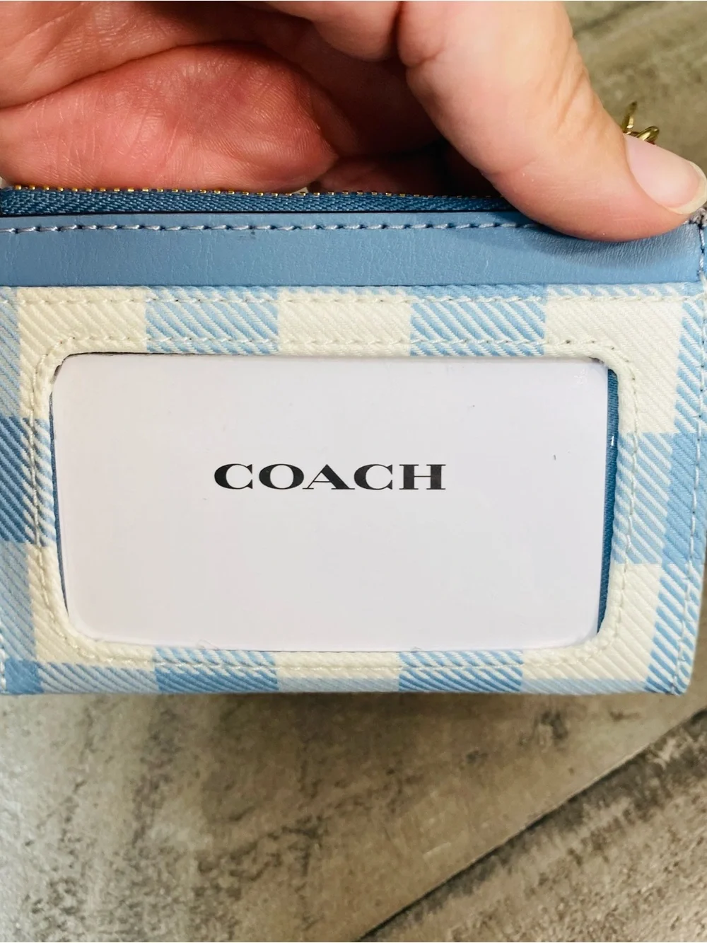COACH Mini Skinny ID Case Gingham Blue White Card Holder Wallet Cherry Charm